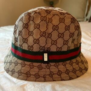 Gucci Beige and Brown Monogram Hat with Green and Red Stripe